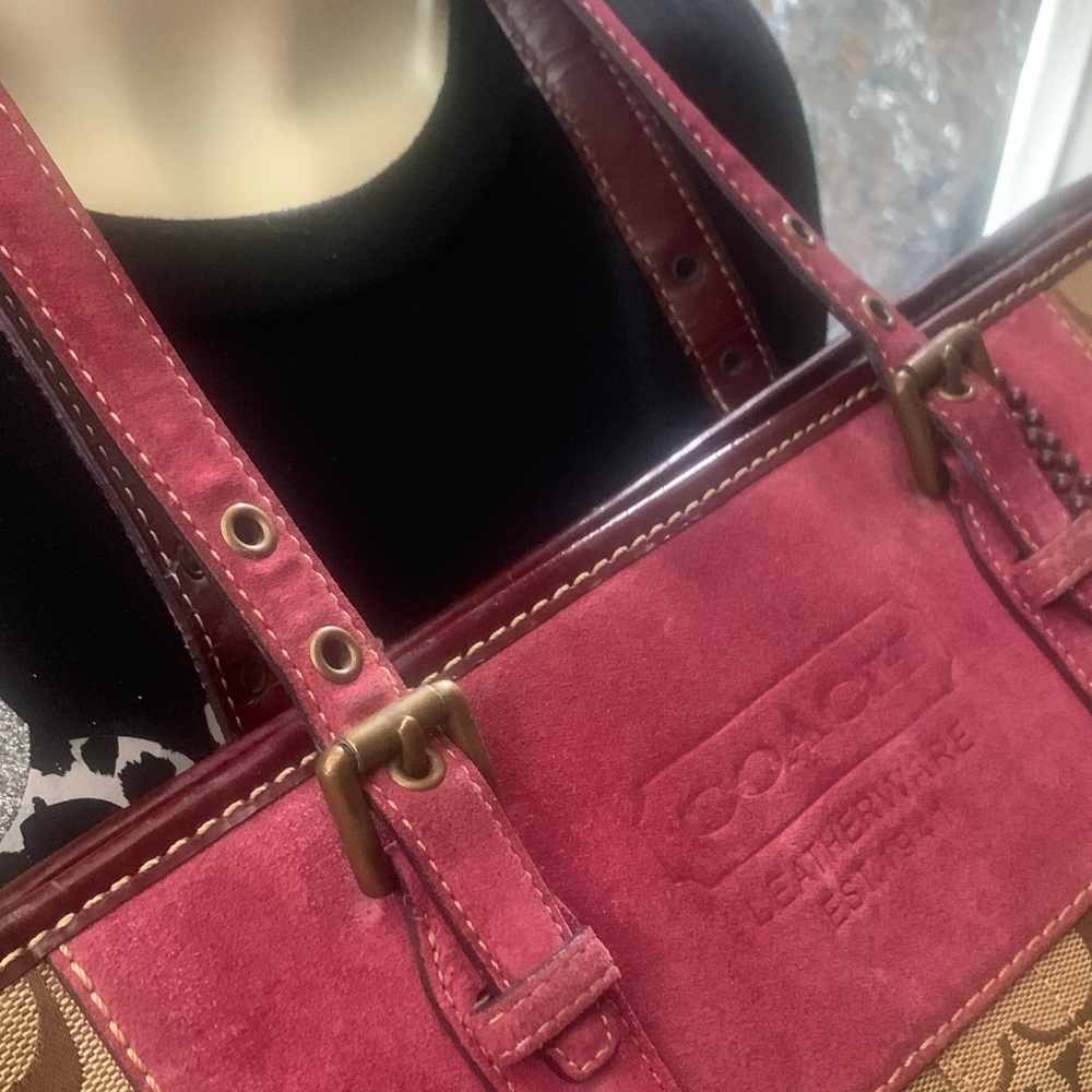 Coach Suede Tan and Wine Signature Tote FIRM!!! - Picture 6 of 16
